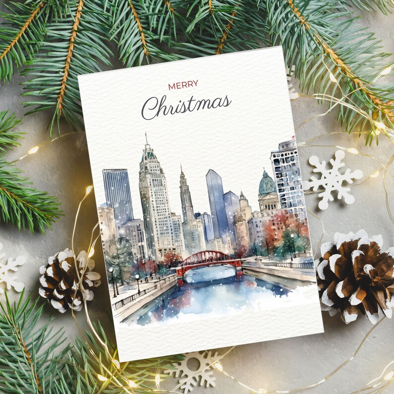 Christmas in Chicago Notes Cards Set 6, Personalized Christmas Card You Can Add Your Family