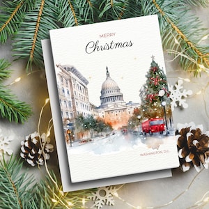 Christmas in Washington DC Note Card Watercolor art set 6,  Personalized card you can add your family wishes. Capitol , White House, DC