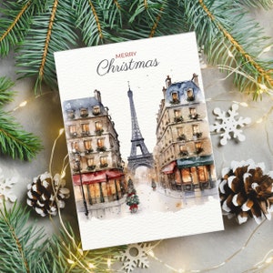 Christmas in Paris Notes Cards set 4, Personalized Christmas card you can add your family name and wishes, Paris Eiffel Tower Watercolor art