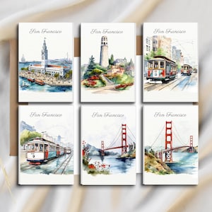 San Francisco scene watercolor style Note Cards set 6, Personalized card you can add your family wishes, The Golden Gate Bridge Watercolor