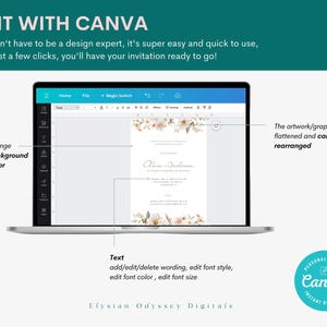 May include: A screenshot of a computer screen showing a wedding invitation template in Canva. The invitation features a floral design with the text "Elysian Odyssey Digitals". The text "Edit with Canva" is displayed at the top of the image.