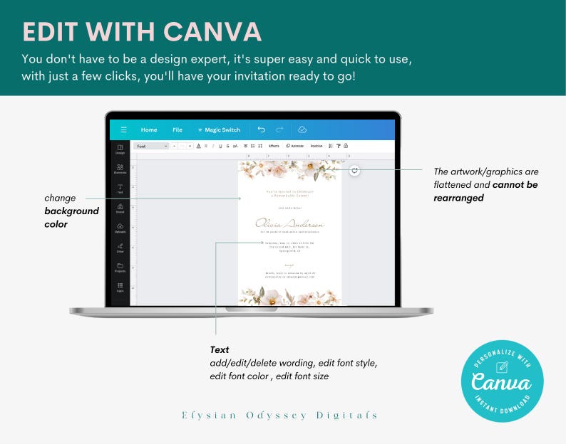 May include: A screenshot of a computer screen showing a wedding invitation template in Canva. The invitation features a floral design with the text "Elysian Odyssey Digitals". The text "Edit with Canva" is displayed at the top of the image.