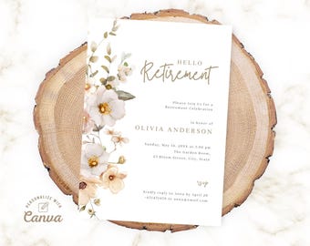 Editable Floral Retirement Celebration Invite, Retirement Invitation Template, Printable Party Evite Canva Instant Download, Digital File