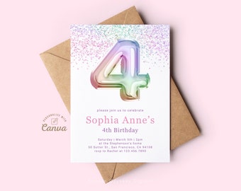 Girl 4th Birthday Party Invitation, Editable Fourth Birthday Canva Template, Minimalist Birthday Invitation, Rainbow Birthday Theme Invite