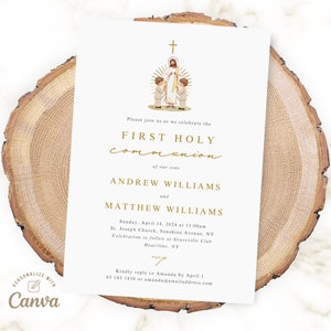 Twins First Communion Invitation, First Communion Invite, Identical Twin Boy First Communion, Canva Template, Instant Download Digitial File