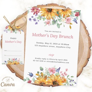 May include: A Mother's Day Brunch invitation and gift tag set. The invitation features floral watercolor designs with text that reads "Mother's Day Brunch". The gift tag says "Happy Mother's Day". The set is displayed on a wooden slice.
