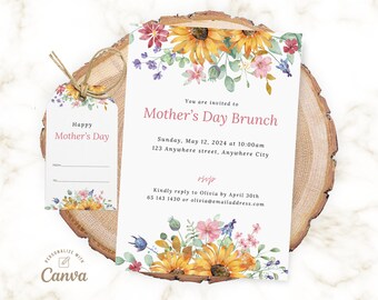 Moederdag uitnodiging, bewerkbare Moederdag brunch uitnodigen, Happy Mother's Day uitnodigen Canva sjabloon Instant Download digitaal bestand