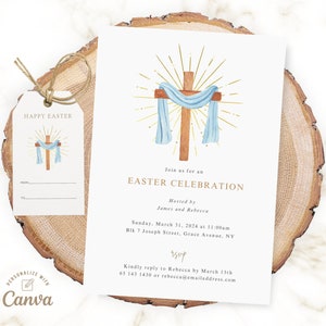 Ostern Einladung, Er ist auferstanden Einladung, Osterbrunch Einladung, Ostersonntag Einladung, Kirche Ostereinladung, 13x20 Karte, Canva Vorlage