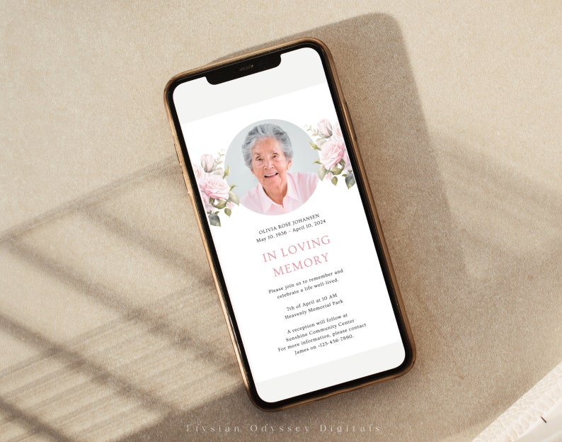 K&ouml;nnte beinhalten: Eine digitale Gedenkkarte mit einem Foto einer &auml;lteren Frau in einem rosa Hemd. Die Karte hat ein rosafarbenes Blumenmuster und den Text "Olivia Rose Jokansen 10. Mai 1936 - 10. April 2024 In liebevoller Erinnerung" sowie Informationen &uuml;ber eine Gedenkfeier.