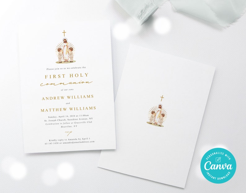 First Communion Invitation, Twins First Communion Invite, Identical