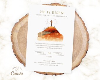He Is Risen Invitation, Easter Invitation, Resurrection Sunday Invite, Easter Brunch Invitation Canva Template, Instant Download
