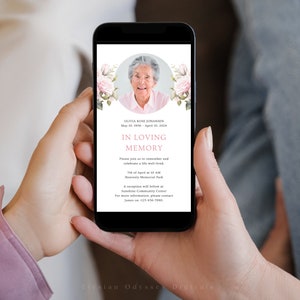 K&ouml;nnte beinhalten: Ein Handy-Bildschirm mit einem rosa-wei&szlig;en Blumenmuster, auf dem eine Ank&uuml;ndigung f&uuml;r einen Trauergottesdienst f&uuml;r Olivia Rose Johansen angezeigt wird. Die Ank&uuml;ndigung enth&auml;lt die Daten vom 10. Mai 1906 bis zum 10. April 2004 und den Text "In liebevoller Erinnerung".