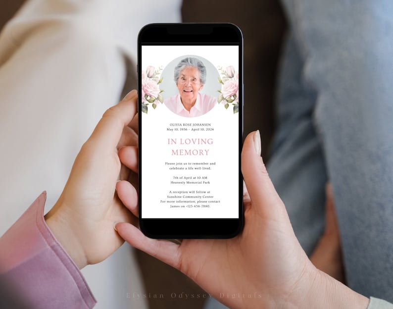 K&ouml;nnte beinhalten: Ein Handy-Bildschirm mit einem rosa-wei&szlig;en Blumenmuster, auf dem eine Ank&uuml;ndigung f&uuml;r einen Trauergottesdienst f&uuml;r Olivia Rose Johansen angezeigt wird. Die Ank&uuml;ndigung enth&auml;lt die Daten vom 10. Mai 1906 bis zum 10. April 2004 und den Text "In liebevoller Erinnerung".