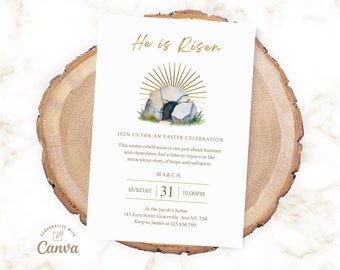 Editable He Is Risen Invitation, Easter Invitation, Resurrection Sunday Invite, Easter Brunch Invitation Canva Template, Instant Download