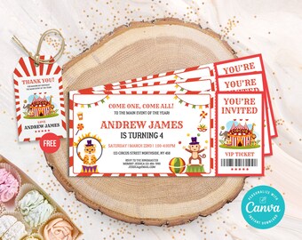 Carnival Ticket Birthday Invitation, Editable Circus Ticket Invitation, Carnival Thank You Tag Canva Template, Instant Download Digital File