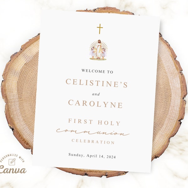 First Communion Welcome Sign, Editable 1st Holy Communion Welcome Poster for Girl Twins Canva Template, Digital File