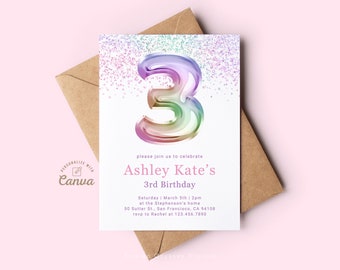 Girl 3rd Birthday Party Invitation, Third Birthday Invite, Rainbow Theme Invite, Minimalist Birthday Evite Canva Template, Instant Download