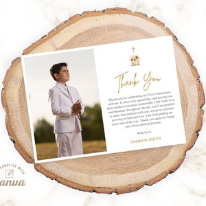 First Communion Thank You Card with Photo, Editable First Holy Communion Thank You Card Canva Template Instant Download, Digitial File