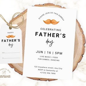 May include: A printable Father's Day invitation with a brown mustache graphic. The invitation says "Please join us this Sunday celebrating Father's Day" and includes the date, time, and details of the event. The invitation is personalized with Canva.