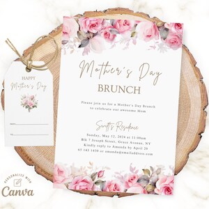 May include: A printable Mother's Day brunch invitation featuring pink roses and a gold script font. The invitation includes the text "Mother's Day Brunch" and details about the event, including the date, time, location, and RSVP information.