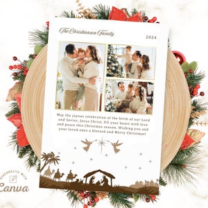 Plantilla de tarjeta navideña con foto, tarjeta navideña editable con motivo del nacimiento, tarjeta navideña religiosa, tarjeta de felicitación navideña, Canva, descarga instantánea