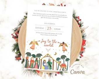 Nativity Invitation, Christmas Invitation, Christian Christmas Party Invitation, Religious Christmas, Canva Template Instant Download