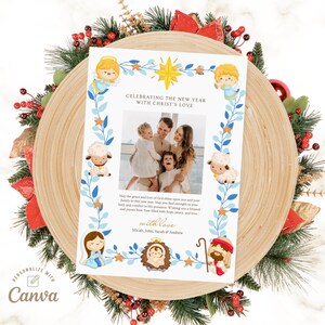 Modèle de carte de bonne année, carte de Noël de la Nativité modifiable, carte de Noël religieuse, fichier numérique Canva de carte de vacances, téléchargement instantané