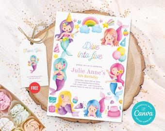 Invitation de fête de 5e anniversaire de fille Plongez dans cinq invitations, invitation de fête de sirène, sous la mer Evite Modèle sur toile Téléchargement immédiat
