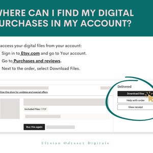 May include: A screenshot of an Etsy shop page showing instructions on how to access digital purchases. The text reads "Where can I find my digital purchases in my account?" and provides steps on how to access the files. The image also shows a button that says "Download files".