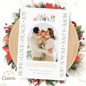 Foto Weihnachtskarte Vorlage, bearbeitbare Krippe Weihnachtskarte, religiöse Weihnachtskarte, Weihnachtskarte Canva digitale Datei, Sofortiger Download