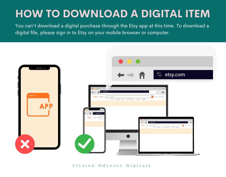 May include: Illustration showing how to download a digital item from Etsy. A red X over a smartphone with the Etsy app open indicates that you cannot download digital items from the app. A green checkmark over a smartphone with a web browser open indicates that you can download digital items from the Etsy website. The Etsy website is shown on a computer monitor and a laptop.