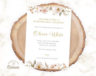 Editable Floral Retirement Celebration Invite, Retirement Invitation Template, Printable Party Evite Canva Instant Download (Digital File)