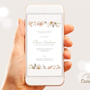 May include: A white and gold floral phone invitation for a celebration of a remarkable career. The invitation reads "You're invited to celebrate a remarkable career!" and "Olivia Anderson for 18 years of dedication and excellence".