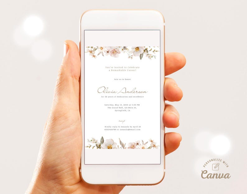 May include: A white and gold floral phone invitation for a celebration of a remarkable career. The invitation reads "You're invited to celebrate a remarkable career!" and "Olivia Anderson for 18 years of dedication and excellence".