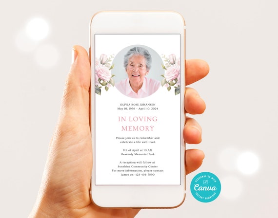 Pink Floral Funeral Invitation Template, Editable Funeral Announcement Template, Memorial Service Reception Digital Invite, Canva E-Invite