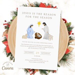 Invitación de Navidad de la Natividad, Invitación a la fiesta de Navidad, Fiesta cristiana, Plantilla Canva de fiesta de Navidad religiosa, Descarga instantánea
