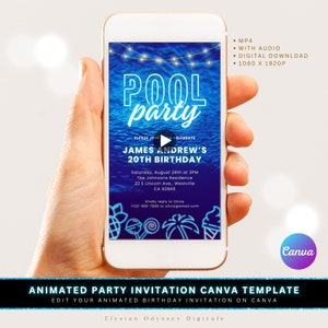 May include: An animated digital invitation for a pool party celebrating James Andrew's 20th birthday. The invitation features a blue pool background with neon lights and a play button. The text includes the date, time, location, and contact information for RSVP.