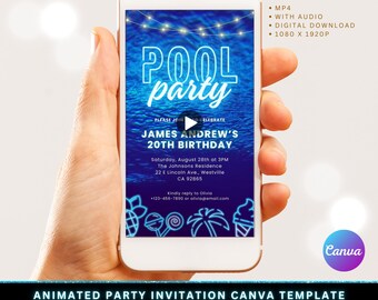 Invitation d&#39;anniversaire vidéo fête au bord de la piscine, modèle animé sur toile d&#39;invitation à une fête d&#39;anniversaire au bord de la piscine, invitation électronique d&#39;anniversaire bricolage pour smartphone mobile numérique