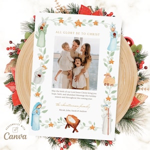 Foto-Weihnachtskartenvorlage, bearbeitbare Krippe Weihnachtskarte, religiöse Weihnachtskarte, Urlaubskarte Canva Digitale Datei, Sofort-Download