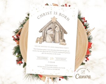 Nativity Invitation, Christian Party Invitation, Christmas Party Invitation, Religious Christmas Invitation, Canva Template Instant Download