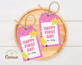 Editable Happy First Day Gift Tag Canva Template, Printable Back to School Lunch Tag (Digital Download)
