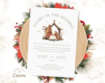Nativity Invitation, Worship Christmas Invitation, Christian Christmas Party Invitation, Religious Christmas Canva Template Instant Download