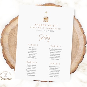 May include: A seating chart for a First Holy Communion celebration for Andrew Smith, scheduled for Sunday, May 4, 2024. The chart lists guests by table number, with names printed in a brown font.