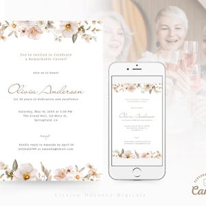 May include: A digital invitation with a floral design in shades of pink and green. The invitation is for a retirement party to honor Olivia Anderson for 30 years of dedication and excellence. The event will be held on Saturday, May 10, 20XX at 5:00 PM at The Grand Hall, 123 Main St., Springfield, CA. RSVP to Amanda by April 20 at 63123456789 or amanda@email.com.