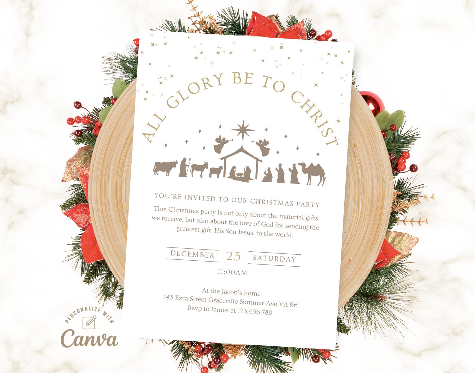 Nativity Invitation, Worship Christmas Invitation, Christian Christmas Party Invitation, Religious Christmas Canva Template Instant Download