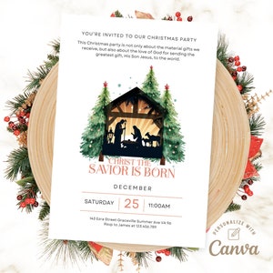 May include: Christmas party invitation with a watercolor illustration of a nativity scene. The text reads "Christ the Savior is Born" and includes the date and time of the party. The invitation is decorated with a festive Christmas wreath.