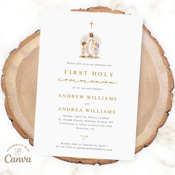 First Communion Invitation, Twins First Communion Invite, Boy and Girl First Communion, Canva Template, Instant Download, Digitial File