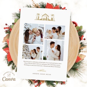 Krippe Weihnachtskarte, religiöse Weihnachtsfotokarte, einzigartige moderne Feiertagskarte, Canva Vorlage, digitale Datei, sofortiger Download