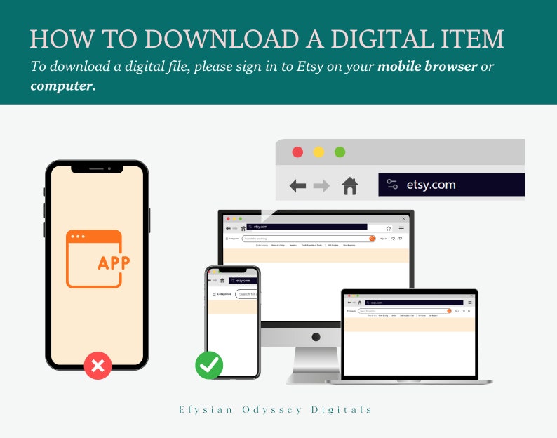 K&ouml;nnte beinhalten: Illustration, die zeigt, wie man einen digitalen Artikel von Etsy herunterl&auml;dt. Das Bild zeigt ein Mobiltelefon mit einem App-Symbol, ein Tablet, einen Desktop-Computer und einen Laptop. Alle Ger&auml;te zeigen die Etsy-Website. Der Text auf dem Bild lautet "SO LADEN SIE EINEN DIGITALEN ARTIKEL HERUNTER" und "Um eine digitale Datei herunterzuladen, melden Sie sich bitte bei Etsy &uuml;ber Ihren mobilen Browser oder Ihren Computer an."