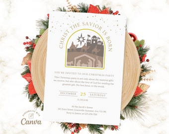 Nativity Christmas Party Invitation, Worship Party Invite Religious Party Invite, Christan Party Invitation, Canva template Instant Download